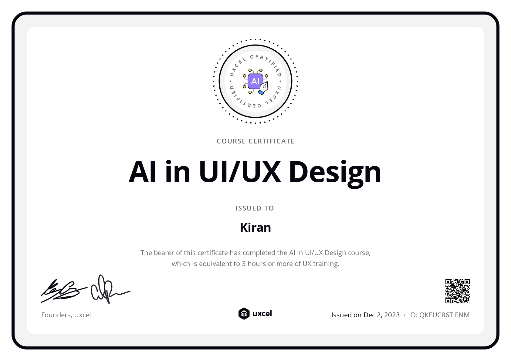 Kiran's certificate